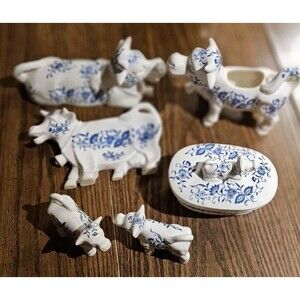 Vintage 7pc ARNART Blue Onion Cow Cream Pitcher Butter Sugar Bowl Salt Pepper